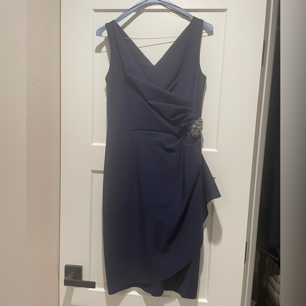 Alex Evenings Asymmetrical Navy Dress With Embellished Brooch